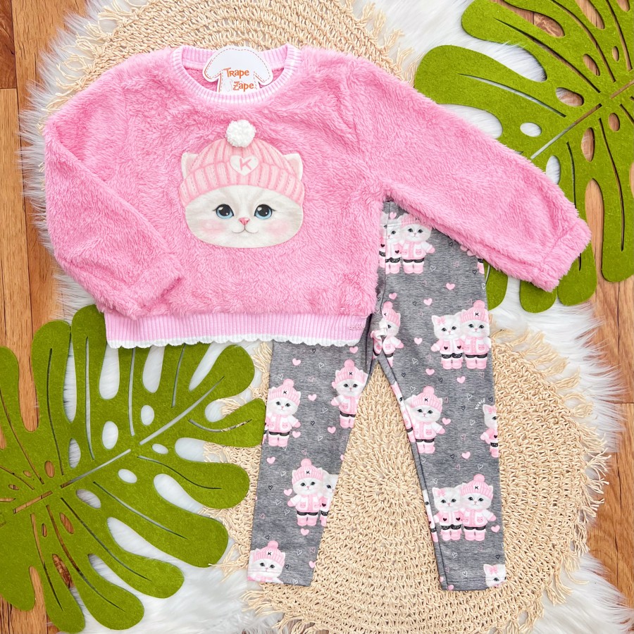 Conj. Casaco em Pelo Carneirinho Gatinha com Gorro e Calça Legging - Rosa